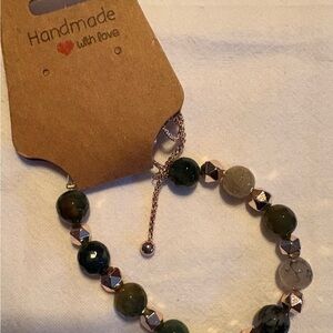 Handmade Beaded Bracelet with Green and Gold Accents
